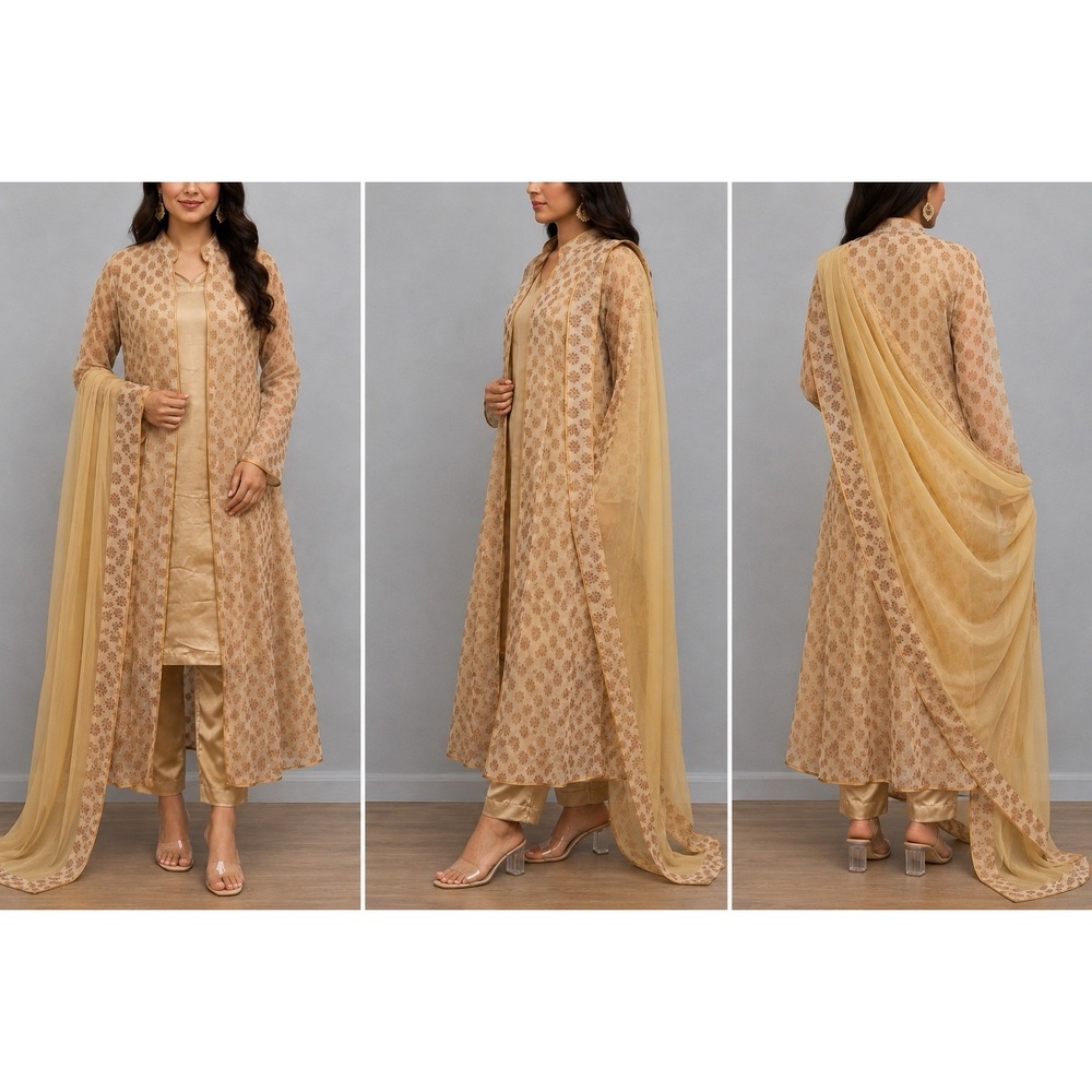 Indian Pakistani 4PC Gold Kurta Pants Dupatta Tunic Traditional Outfit A36